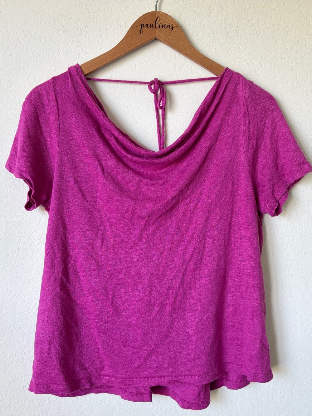 Maeve Anthropologie Womens Small Pink Linen Short Sleeve Top Open Tie Back S